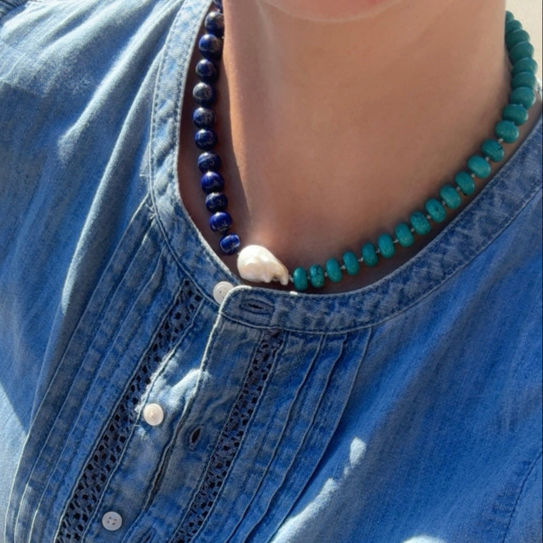 Turquoise & Lapis Necklace with Baroque Pearl