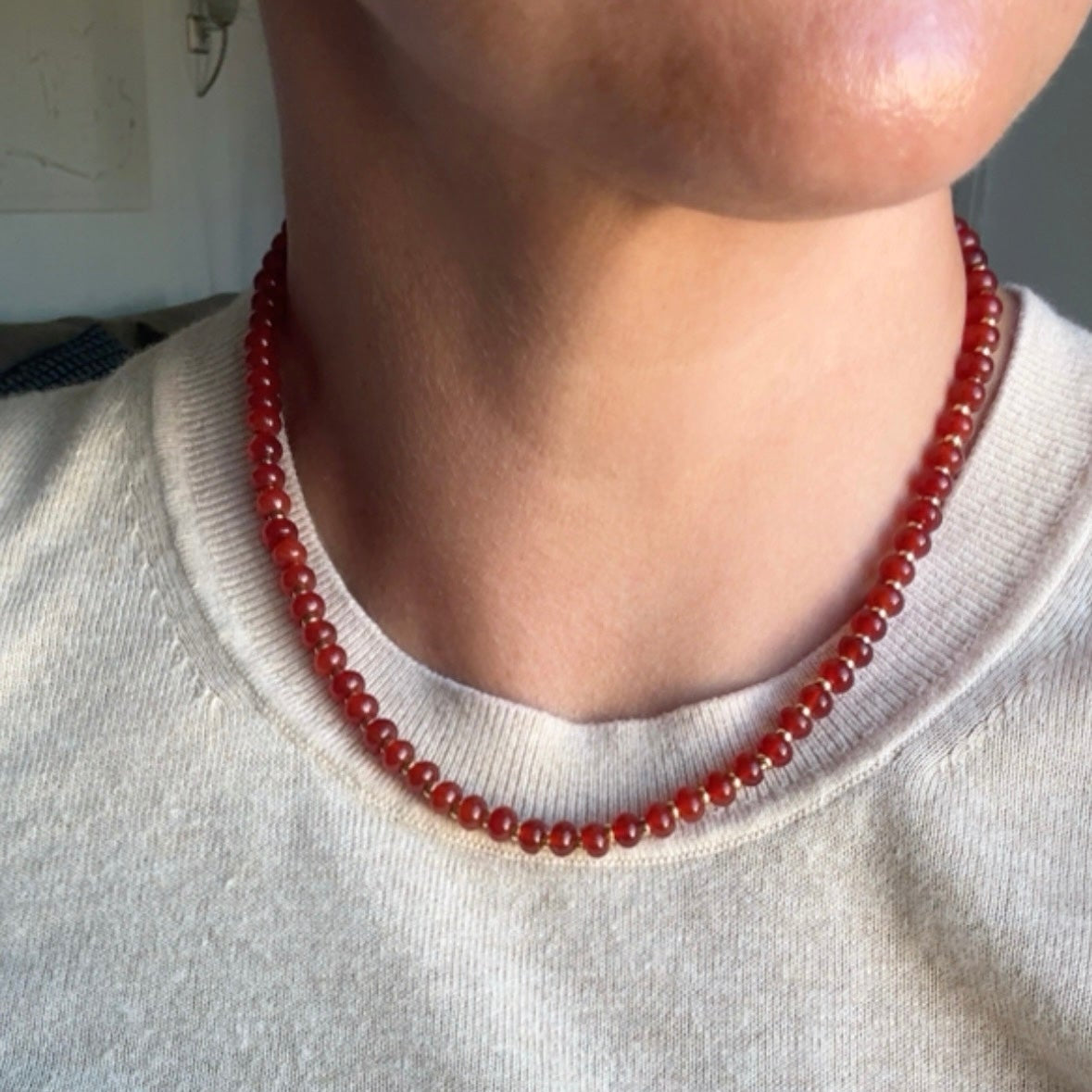Red Agate & Gold Beaded Necklace