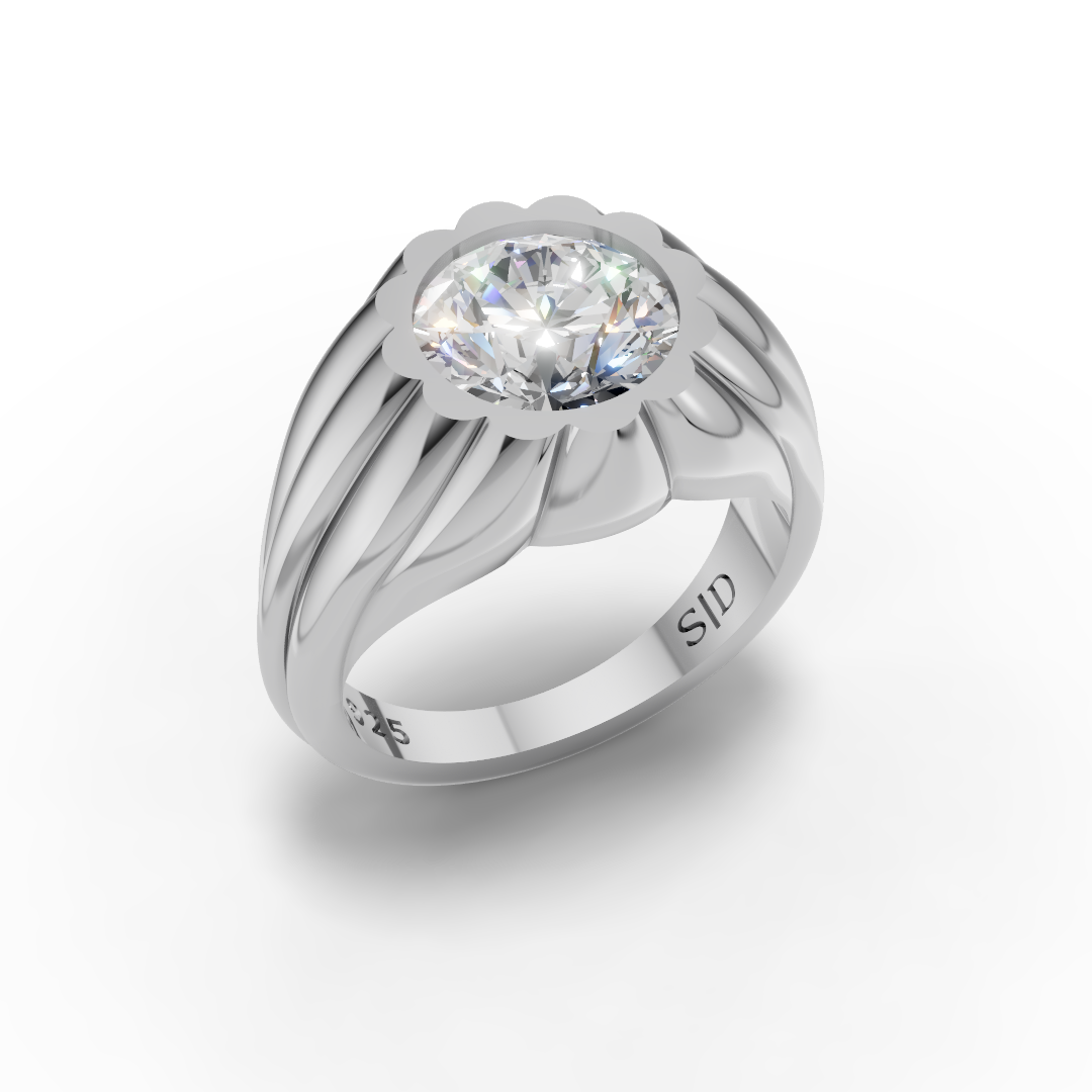 Silver ring with a diamond on a white background