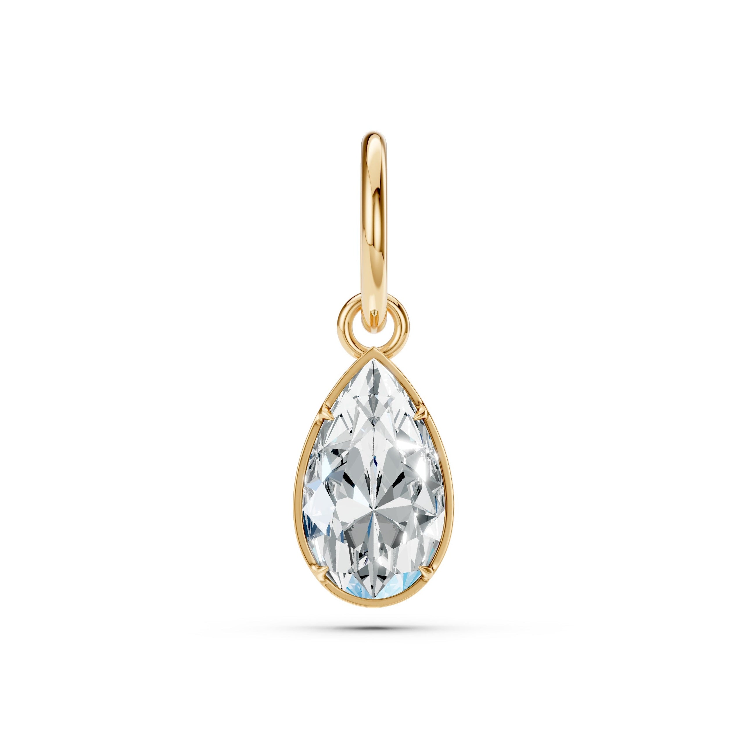 Gold pendant with a clear teardrop-shaped gemstone on a white background