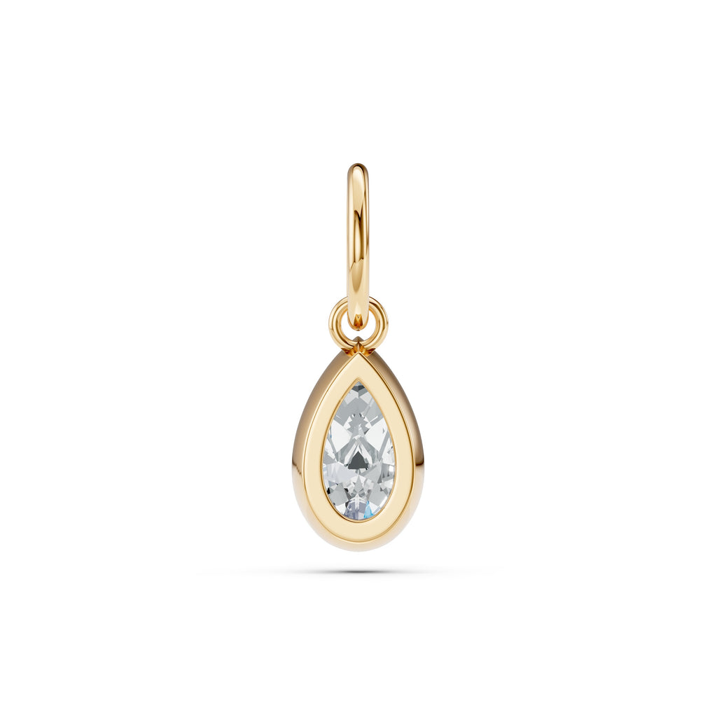 Gold teardrop-shaped pendant with a diamond on a white background