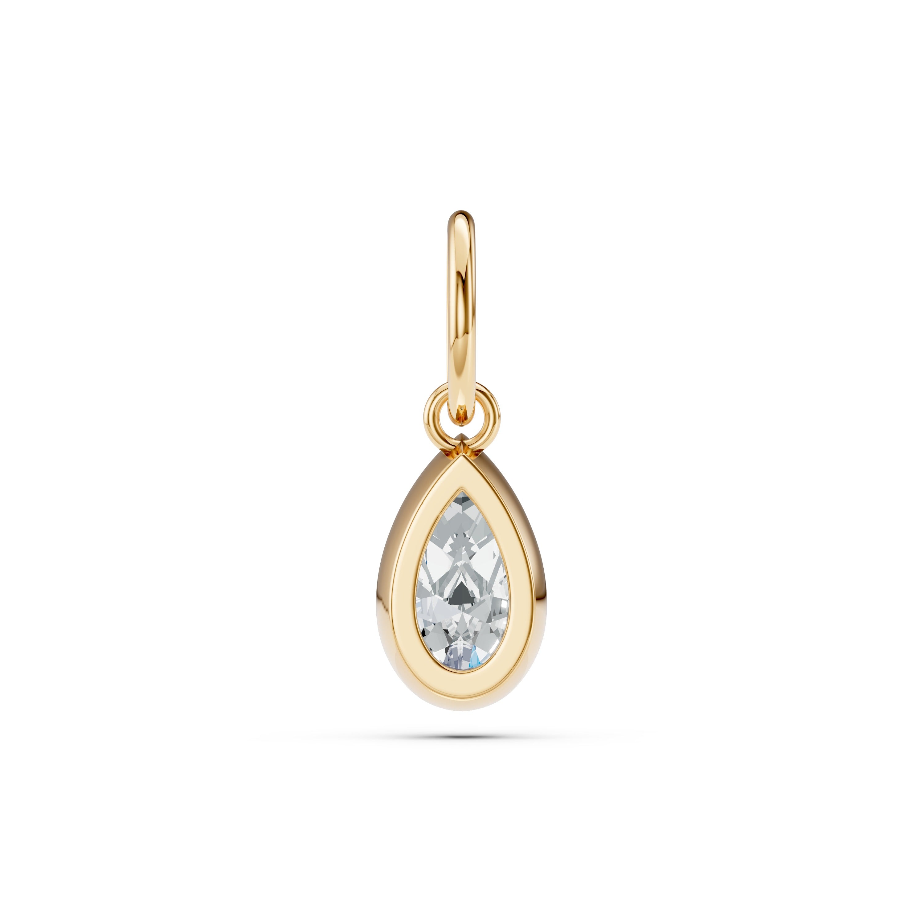 Gold teardrop-shaped pendant with a diamond on a white background