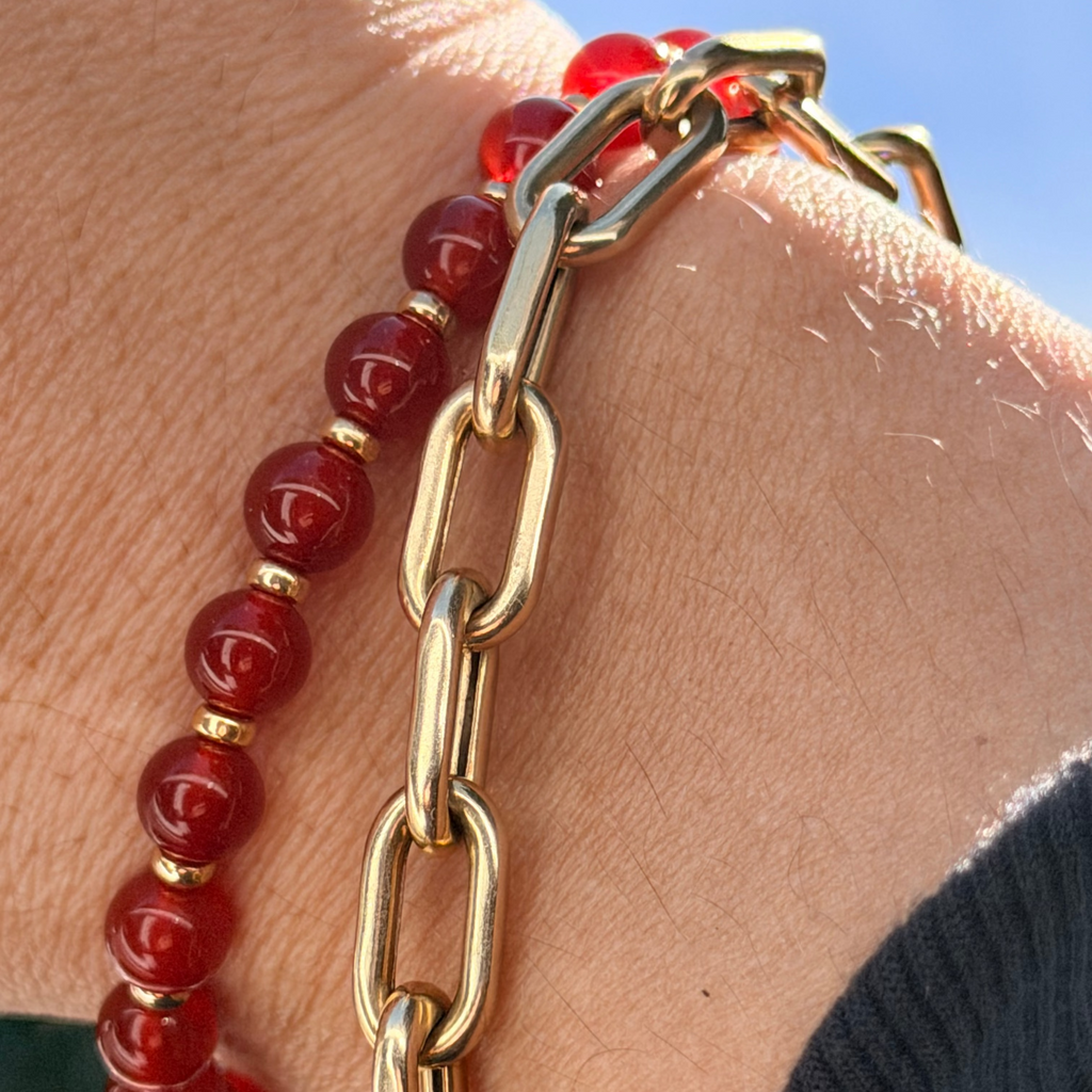 Red Agate & Gold Beaded Bracelet