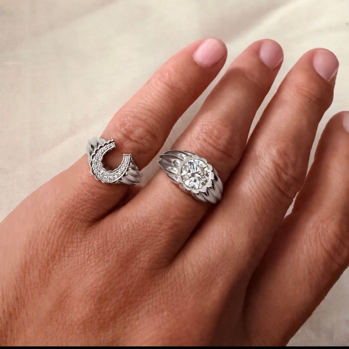 Silver Domed Petal Horseshoe Ring