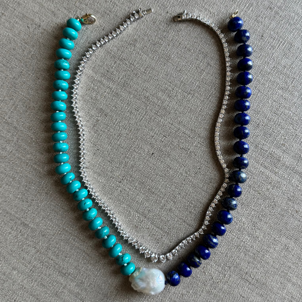 Turquoise & Lapis Necklace with Baroque Pearl