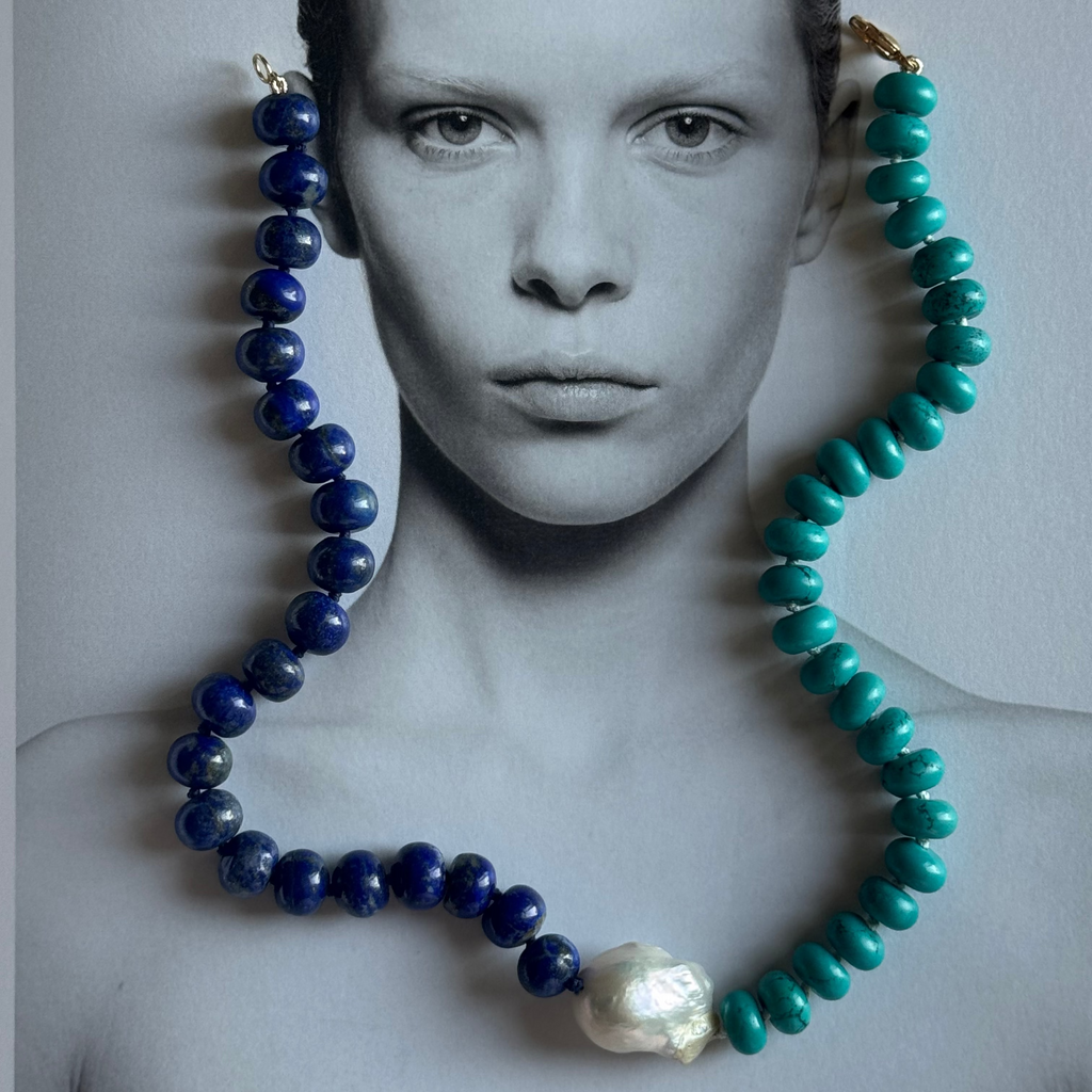 Turquoise & Lapis Necklace with Baroque Pearl